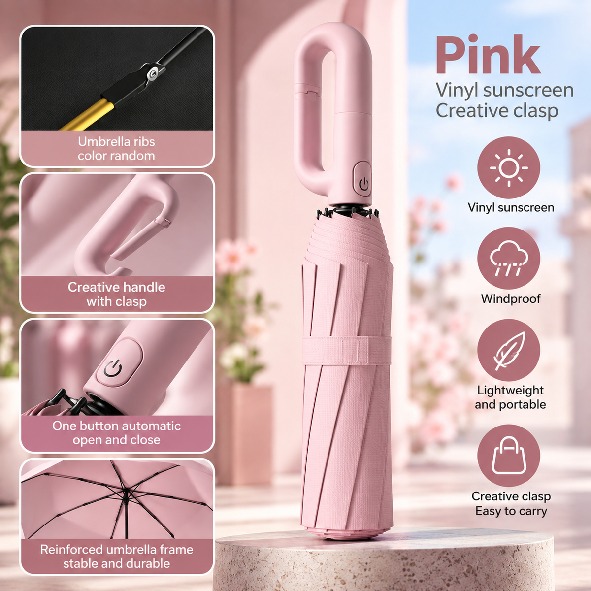 Automatic Folding Umbrella with Rotating Clasp Handle
